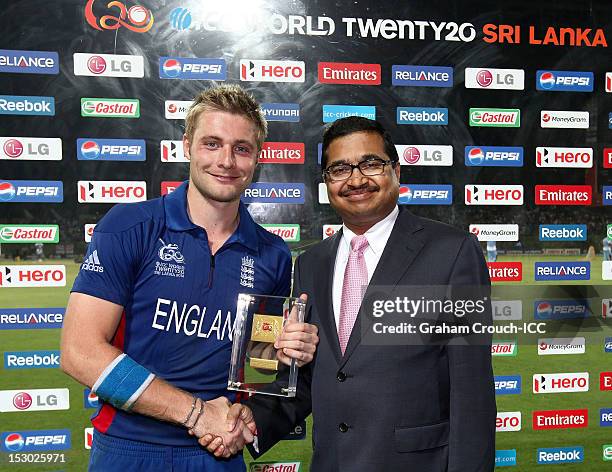 Luke Wright of England, Man of the Match in the A1 versus B2 ICC World T20 Super Eight match between England and New Zealand at Pallekele Cricket...