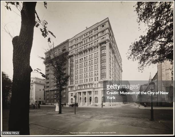 Exterior view of the Prasada, a 12-story, Beaux-Arts apartment building located at the intersection of Central Park West and 65th Street, New York,...