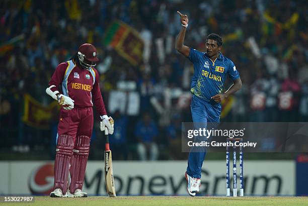 Ajantha Mendis of Sri Lanka celebrates dismissing Johnson Charles of the West Indies during the ICC World Twenty20 2012 Super Eights Group 1 match...