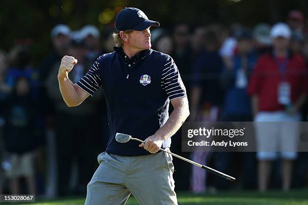 Brandt Snedeker of the United States reacts after making a birdie and winning the fifth hole during day two of the Morning Foursome Matches for The...