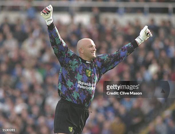 Bryan Gunn of Norwich celebrates his team scorinig during the Nationwide league division one match between Brimingham City and Norwich City at St....