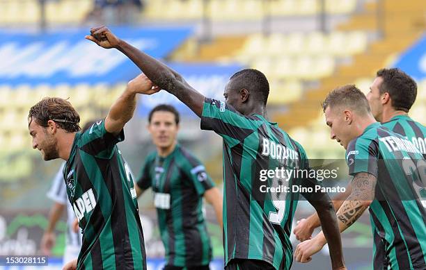 Richmond Boakye of Sassuolo celebrates after scoring his team's opening goal during the Serie B match between US Sassuolo and Ascoli Calcio at...