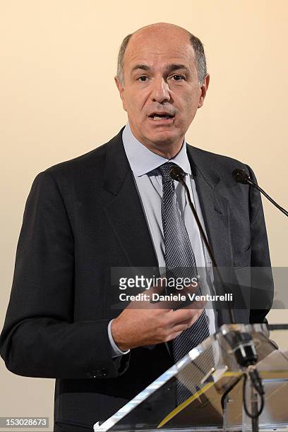Corrado Passera, Italy's economic development minister, holds a speech at the Technogym Village Opening and Wellness Congress on September 29, 2012...