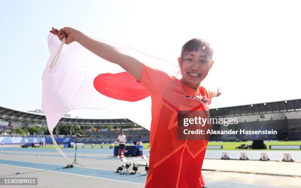 Maya Nakanishi of Japan celebrates after the Women's Long Jump T64 Final during day three of the Para Athletics World Championships Paris 2023 at...