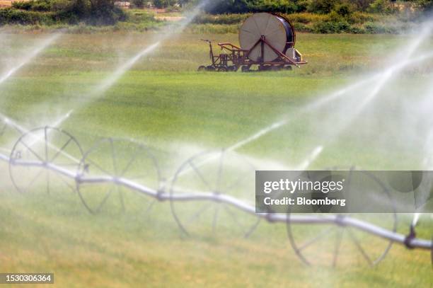 Row of irrigation sprinklers spray a field on a farm during a drought in Saanich, British Columbia, Canada, on Wednesday, July 12, 2023. Premier...