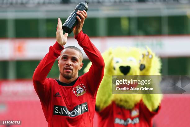 Sidney Sam of Leverkusen celebrates after the Bundesliga match between Bayer 04 Leverkusen and SpVgg Greuther Fuerth at BayArena on September 29,...