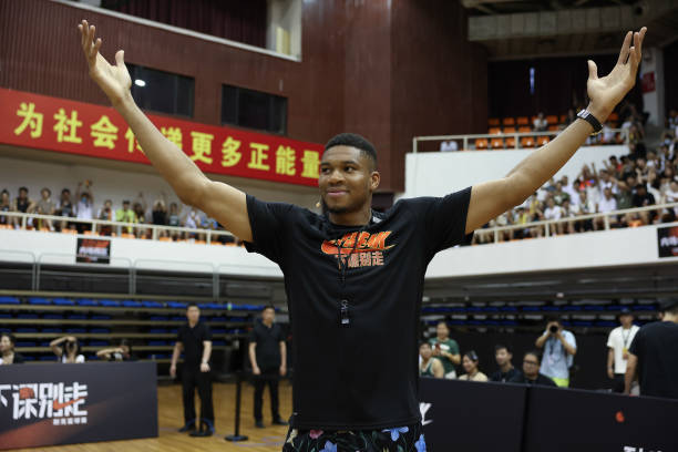 Player Giannis Antetokounmpo attends a promotional event during his visit to China at Beijing Sport University on July 9, 2023 in Beijing, China.