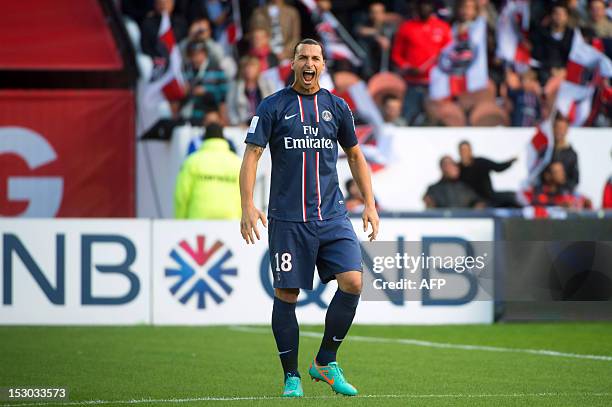 Paris Saint-Germain's Swedish forward Zlatan Ibrahimovic reacts during the French L1 football match Paris Saint-Germain vs Sochaux on September 29,...