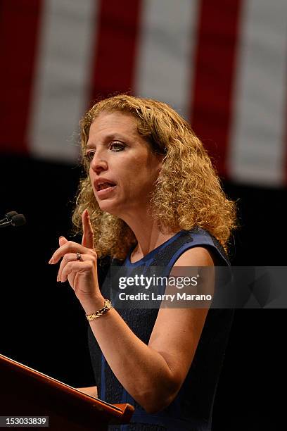 Chair and Congresswoman Debbie Wasserman Schultz speaks at Palace Theater at Kings Point on September 28, 2012 in Tamarac, Florida.