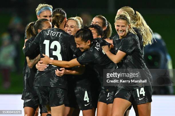 New Zealand Football Ferns players celebrate during the International Friendly match between New Zealand Football Ferns and Vietnam at McLean Park on...