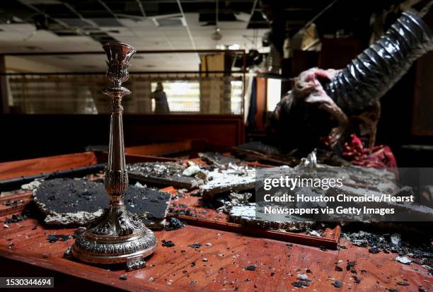 The remnants inside the Torah Vachesed synagogue after Wednesday night's fire in Houston. The fire appears to have started on the back side of the...