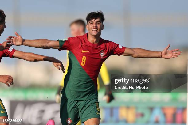 Rodrigo Ribeiro of Portugal celebrates scoring the second goal for his team during the UEFA 2023 Under-19 EURO semi-final soccer match between...