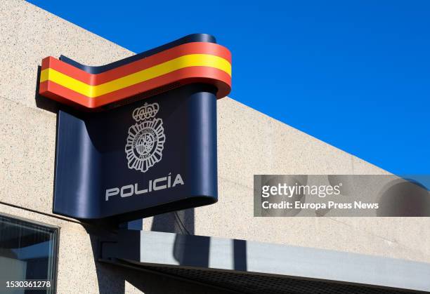 Colors of the flag of Spain wrapped in the police logo at a police station in the Hortaleza district, on 10 July, 2023 in Madrid, Spain. Police...