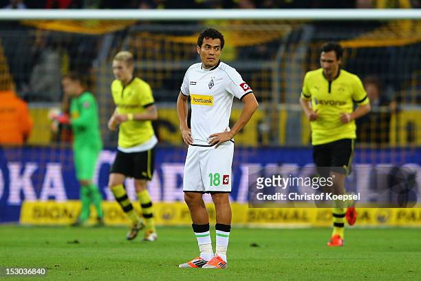 Juan Arango of Moenchengladbach looks dejected after the first goal of Dortmund during the Bundesliga match between Borussia Dortmund and VfL...