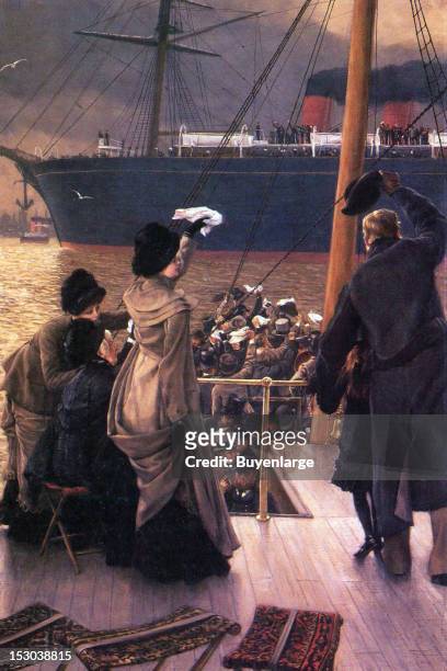 People on a dock bid farewell to a steam passenger ship with double funnels, 1865. By James Tissot.
