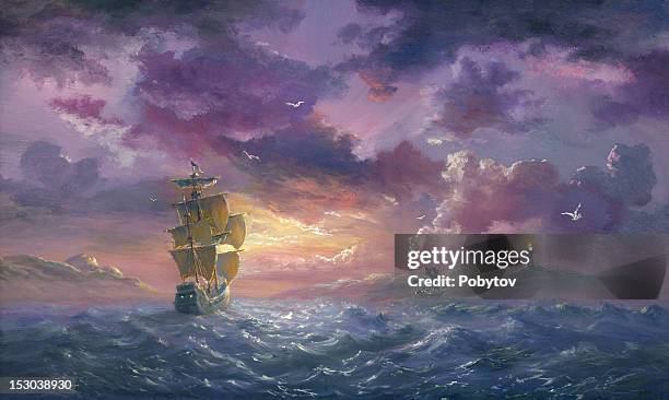 sea evening excited - lighthouse painting stock illustrations