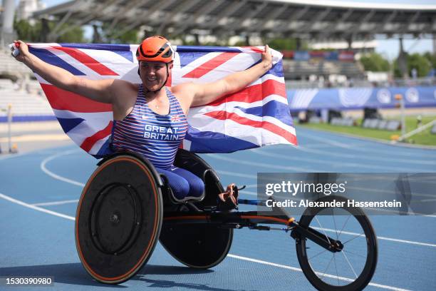 Eden Rainbow-Cooper of Great Britain celebrates after competing in the Women's 5000m T54 Final during day three of the Para Athletics World...