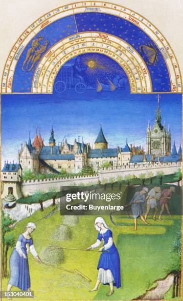 Harvest time - the peasants are moving the meadow in unison, with the Hotel de Nesle, the Duc's Parisian residence, in the background, 1413. By...