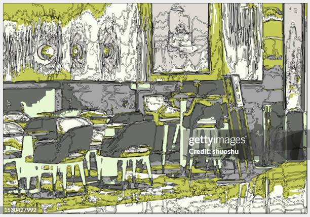 outline style neon colors metaverse cartoon indoor scene, interior space restaurant - dining table background stock illustrations
