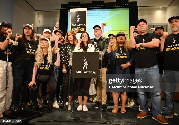 Frances Fisher, Joely Fisher, Fran Drescher, and Duncan Crabtree-Ireland, joined by SAG-AFTRA members at the SAG-AFTRA Press Conference at the...