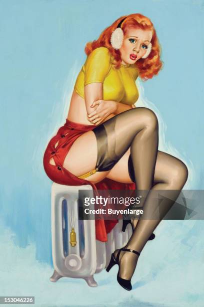 Young woman in high heels & two piece suit sits on a radiator - she holds herself as she has the chills. She wears black silk stockings with garter...