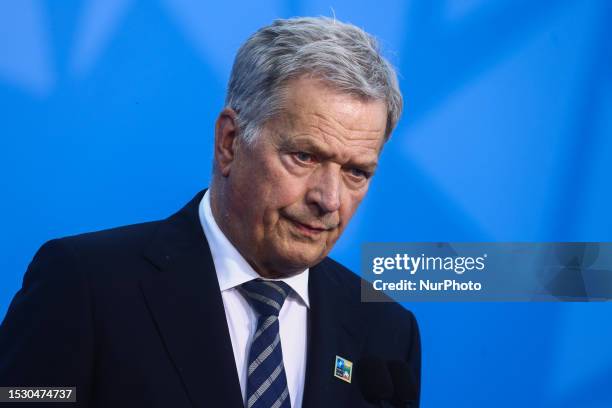 Sauli Niinisto, the President of Finland, attends NATO Summit at LITEXPO Lithuanian Exhibition and Congress Center in Vilnius, Lithuania on July 12,...