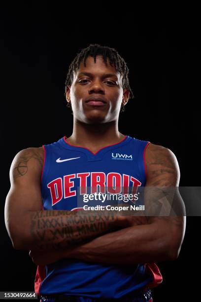 Marcus Sasser of the Detroit Pistons poses for a portrait during the 2023 NBA Rookie Photo Shoot on July 13, 2023 at the University of Nevada, Las...