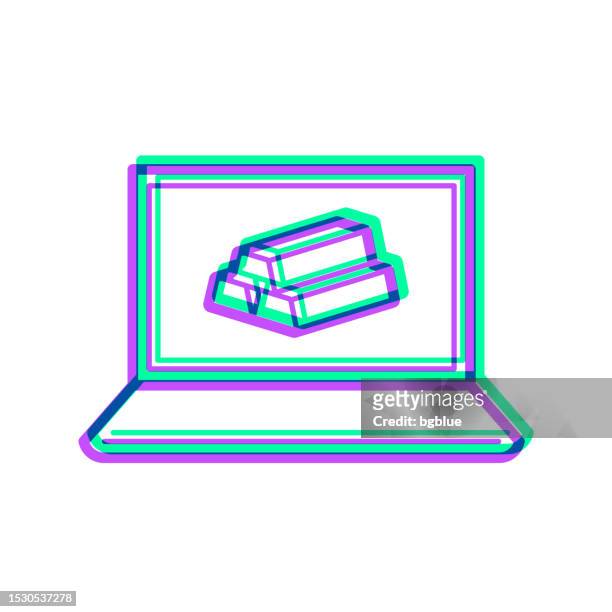 laptop mit goldbarren. symbol mit zweifarbiger überlagerung auf weißem hintergrund - 3d data bars stock-grafiken, -clipart, -cartoons und -symbole