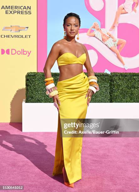 Karrueche Tran attends the World Premiere of "Barbie" at Shrine Auditorium and Expo Hall on July 09, 2023 in Los Angeles, California.