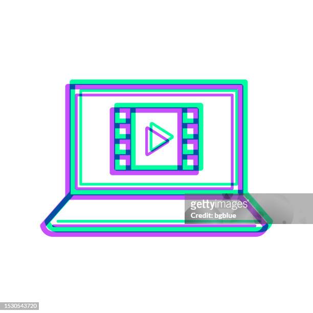 watch video on laptop. icon with two color overlay on white background - netflix stock illustrations