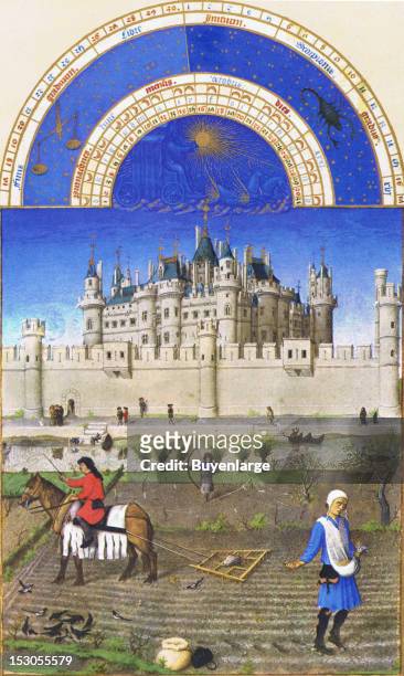 Tilling and sowing are being carried out by the peasants, in the shadow of the Louvre - Charles V's royal palace in Paris, 1413. By Herman Paul &...