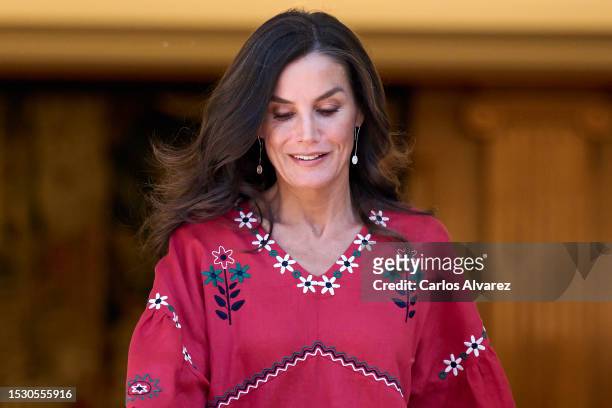 Queen Letizia of Spain receives in audience the members of the BBVA Microfinance Foundation at the Zarzuela Palace on July 10, 2023 in Madrid, Spain.