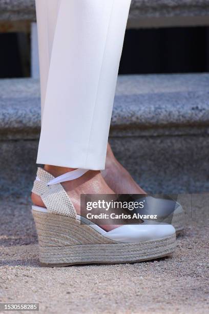 Queen Letizia of Spain, shoes detail, receives in audience the members of the BBVA Microfinance Foundation at the Zarzuela Palace on July 10, 2023 in...