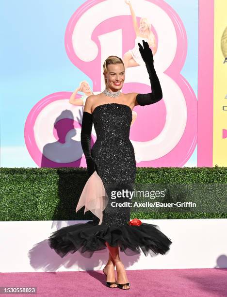 Margot Robbie attends the World Premiere of "Barbie" at Shrine Auditorium and Expo Hall on July 09, 2023 in Los Angeles, California.