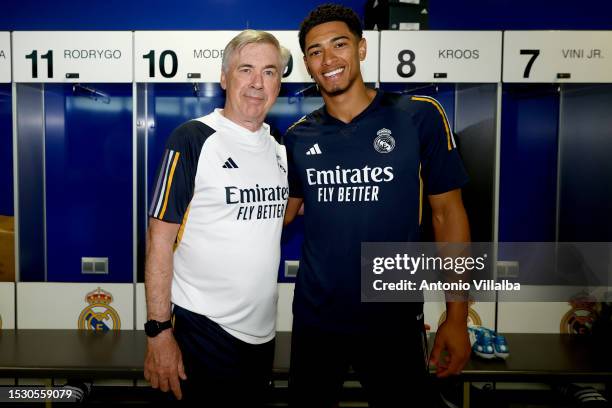 Carlo Ancelotti the head coach of Real Madrid with Jude Bellingham player of Real Madrid at Valdebebas training ground on July 10, 2023 in Madrid,...