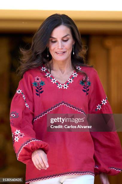 Queen Letizia of Spain receives in audience the members of the BBVA Microfinance Foundation at the Zarzuela Palace on July 10, 2023 in Madrid, Spain.