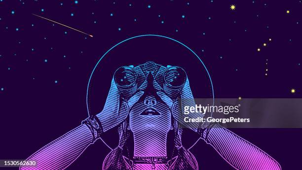 bildbanksillustrationer, clip art samt tecknat material och ikoner med young hipster woman with binoculars and stars - nebula