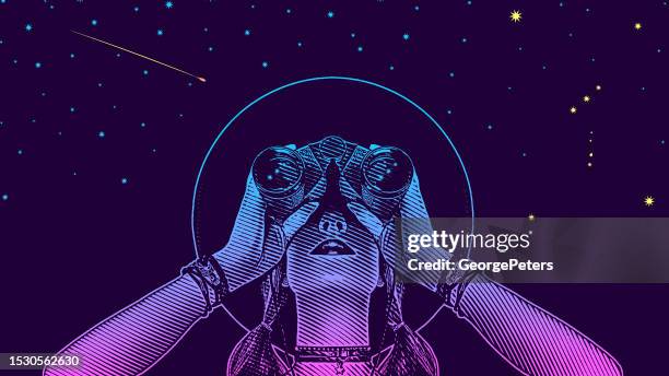 bildbanksillustrationer, clip art samt tecknat material och ikoner med young hipster woman with binoculars and stars - vision