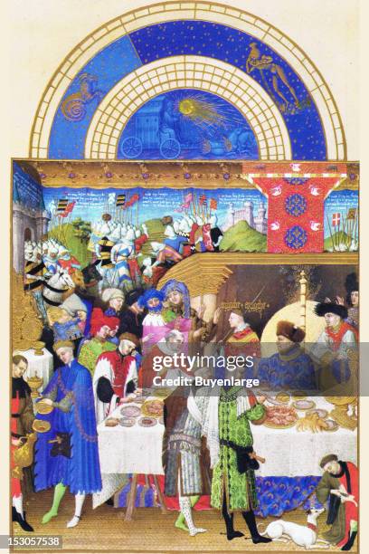 The month of giving New Years' gifts. Jean de Berry himself can be seen on the right, wearing the brilliant blue robe, 1413. By Herman Paul & Jean...