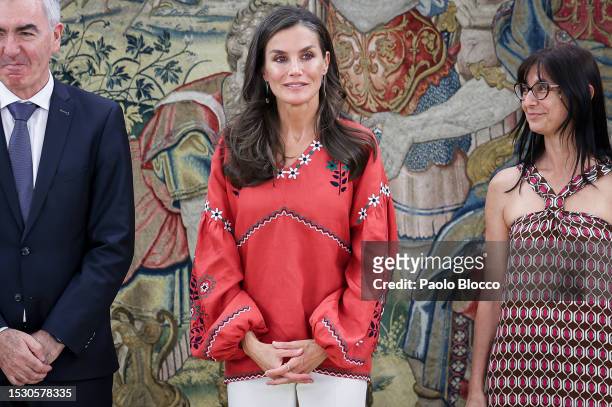 Queen Letizia of Spain attends several audiences at Zarzuela Palace on July 10, 2023 in Madrid, Spain.