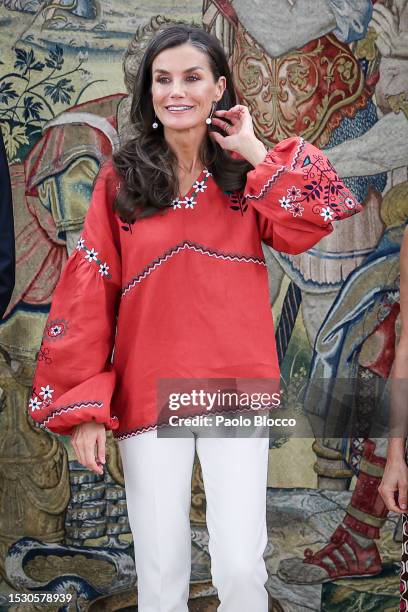 Queen Letizia of Spain attends several audiences at Zarzuela Palace on July 10, 2023 in Madrid, Spain.