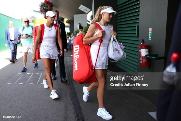 Mirra Andreeva and Madison Keys of United States take to the court before their Women's Singles fourth round match during day eight of The...