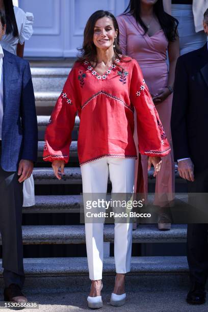 Queen Letizia of Spain attends several audiences at Zarzuela Palace on July 10, 2023 in Madrid, Spain.