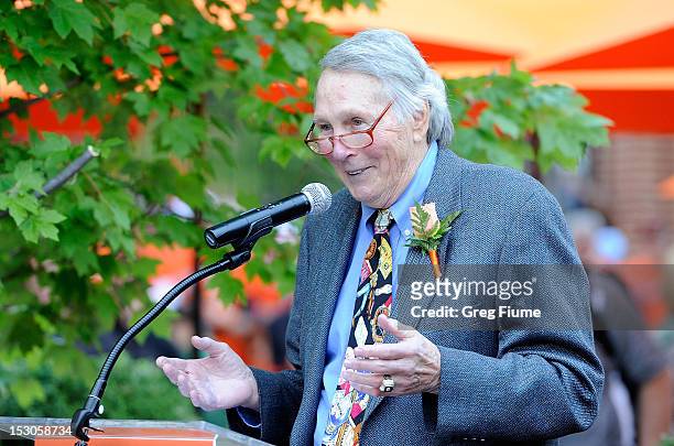 Former Oriole Brooks Robinson is honored before the game between the Baltimore Orioles and the Boston Red Sox at Oriole Park at Camden Yards on...