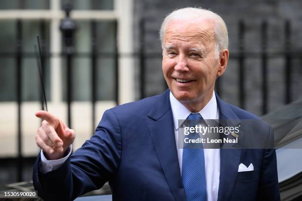 President Joe Biden gestures departs from 10 Downing Street following a bi-lateral meeting with Britain's Prime Minister Rishi Sunak on July 10, 2023...