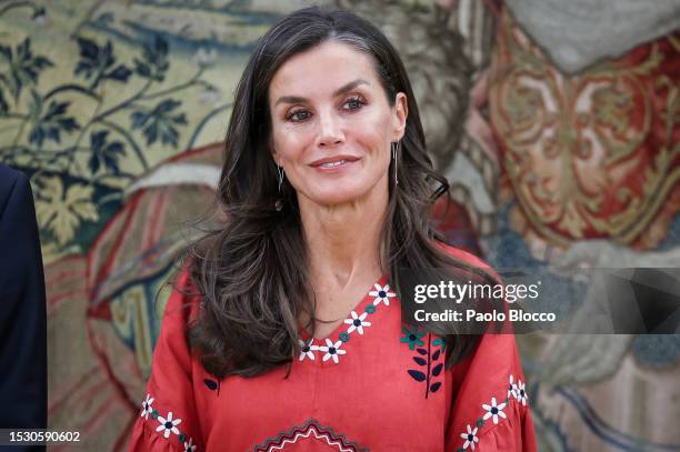 Queen Letizia of Spain attends several audiences at Zarzuela Palace on July 10, 2023 in Madrid, Spain.