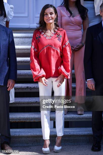 Queen Letizia of Spain attends several audiences at Zarzuela Palace on July 10, 2023 in Madrid, Spain.