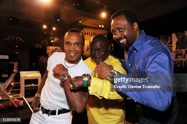 Boxing champions Sugar Ray Leonard, Azumah Nelson and Tommy Hearns attend a press conference at Bellagio Las Vegas on September 29, 2012 in Las...