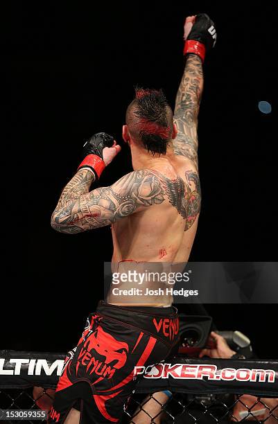 Dan Hardy reacts after defeating Amir Sadollah during their welterweight fight at the UFC on Fuel TV event at Capital FM Arena on September 29, 2012...