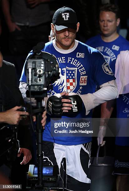 Stipe Miocic enters the arena before his heavyweight fight against Strefan Struve at the UFC on Fuel TV event at Capital FM Arena on September 29,...